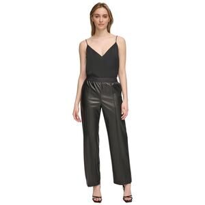 Calvin Klein Women's Logo-Waist Faux Leather Pull-On Pants Black NEW Size Large